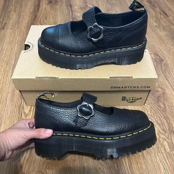 DR MARTENS ADDINA FLOWER BUCKLE black leather platform shoes women's 8 new - Picture 1 of 6